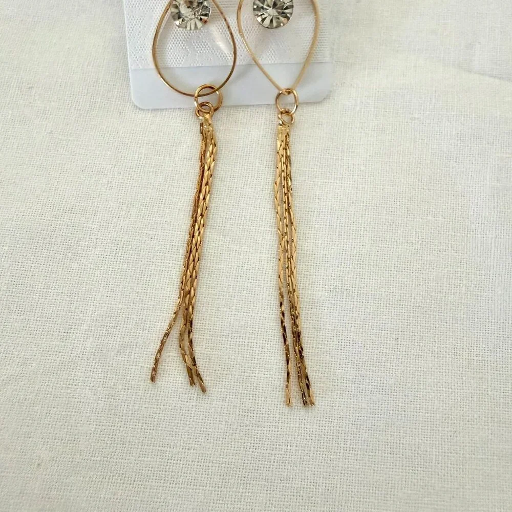 Gold Dangling Earrings With Teardrop Design And Rhinestones Long Chain Tassels